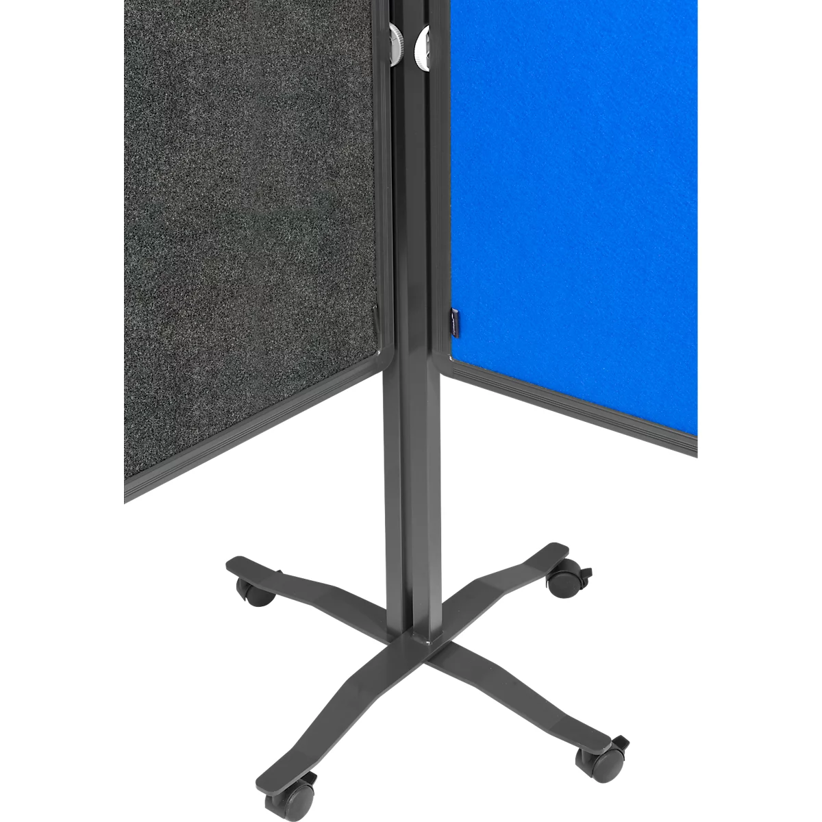 Three-part pinboard on wheels. Two board surfaces grey, one blue. Black frame.