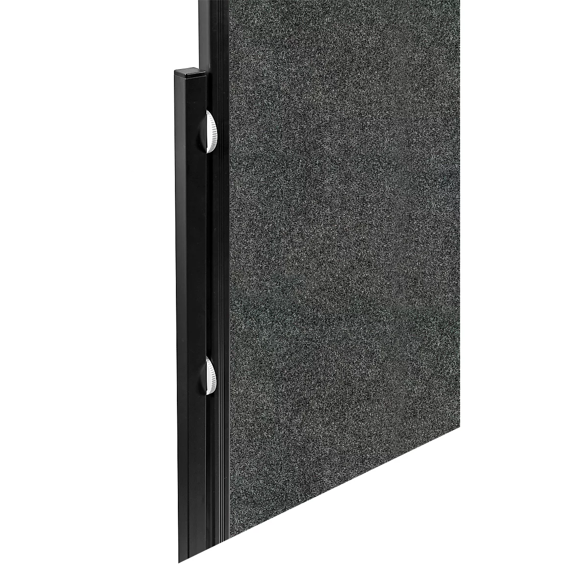 Close-up of a black, rectangular partition with gray felt surface and white fasteners.