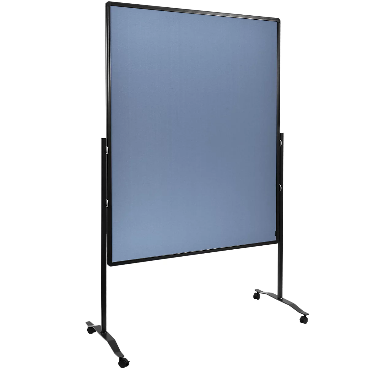 Blue, rectangular whiteboard with black frame on a mobile stand.