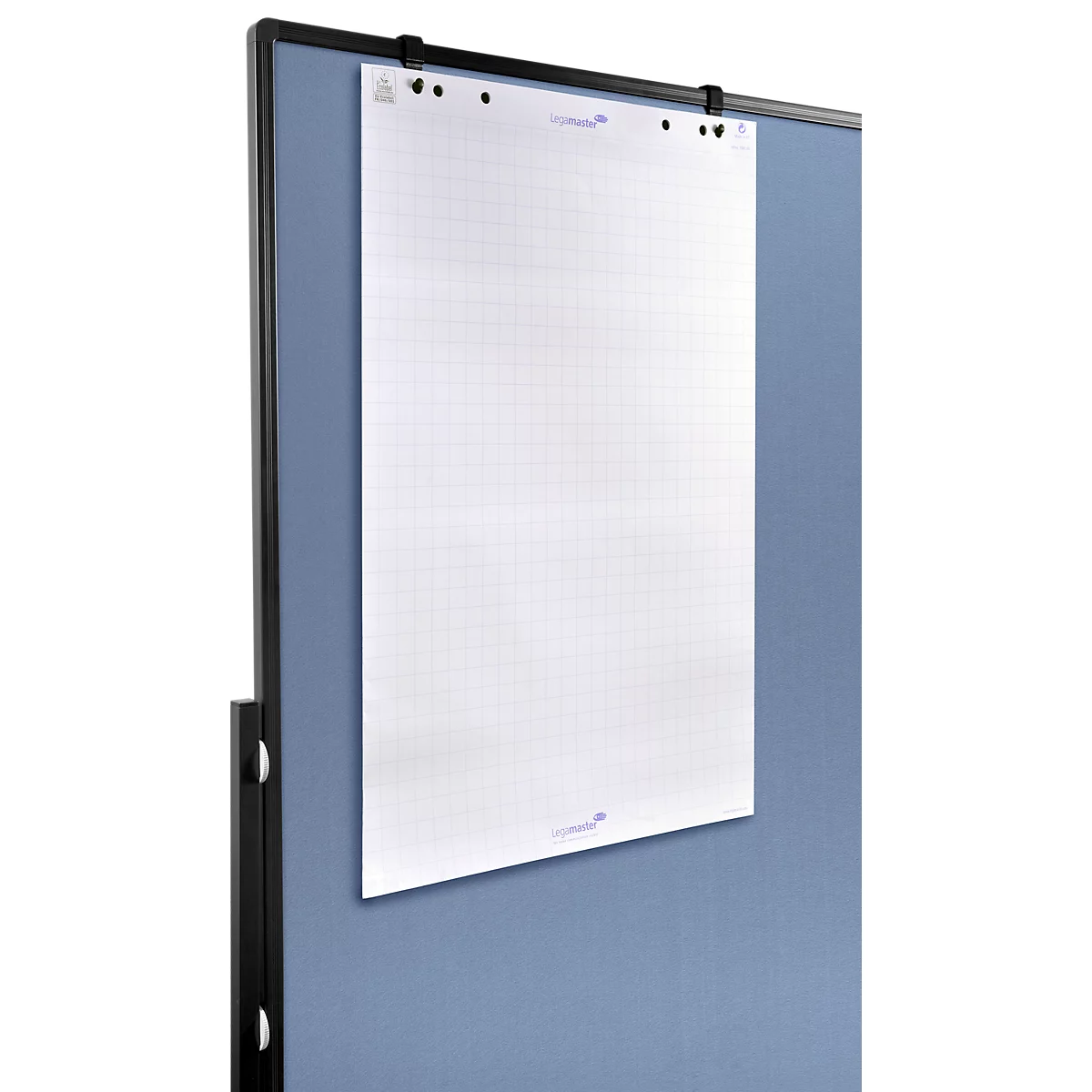 A white, graph paper hangs on a blue board, held by black clips.