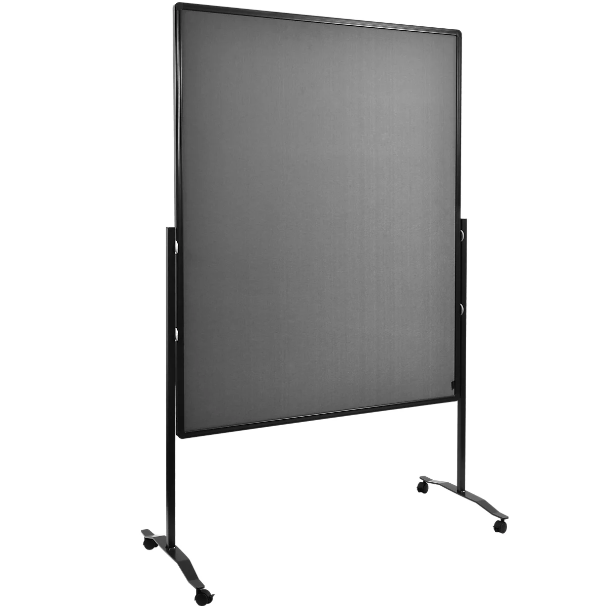 Black mobile partition. The rectangular surface sits on a black frame that stands on wheels.