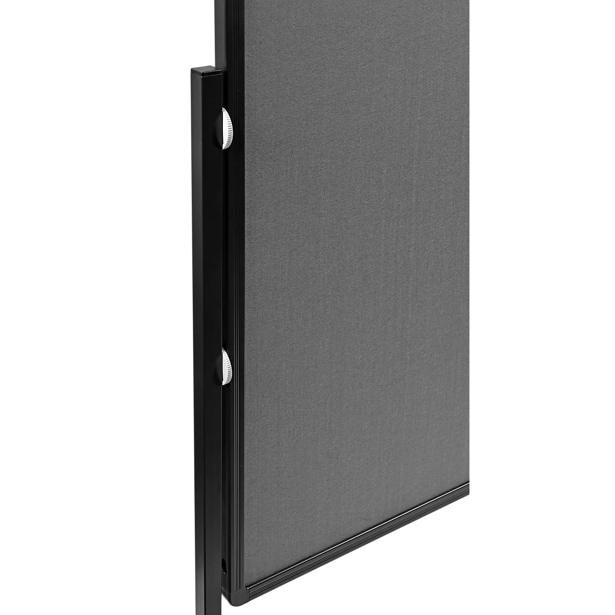 Close-up of a gray office partition with a black frame and round cutouts.