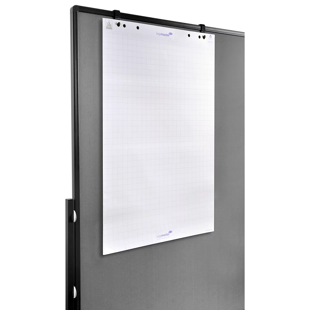 A white, checkered sheet of paper hangs on a dark frame.