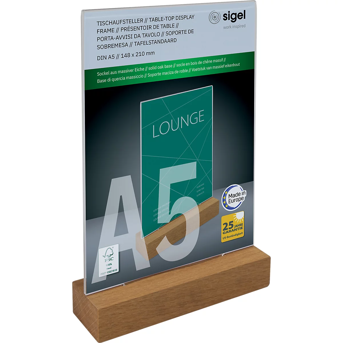 Présentoir de table Sigel, droit, avec socle en chêne, acrylique transparent, 1,5 mm, L 159 x P 46 x H 254 mm, pour formats A5, 1 pièce