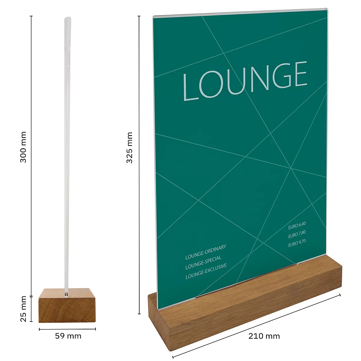 Présentoir de table Sigel, droit, avec socle en chêne, acrylique transparent, 1,5 mm, L 221 x P 46 x H 341 mm, pour formats A4, 1 pièce