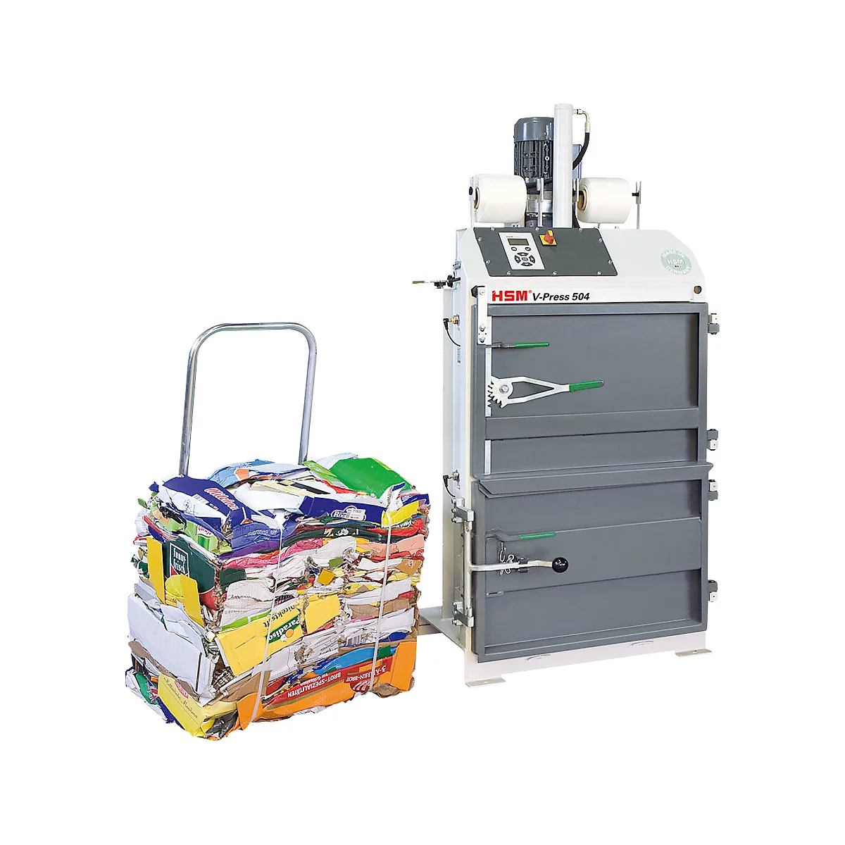 Presse à balles HSM V-Press 504, 2 cerclages verticaux pour balles jusqu'à 60 kg, convient au chariot de déchargement de balles, force de compression 40 kN, fermeture à genouillère