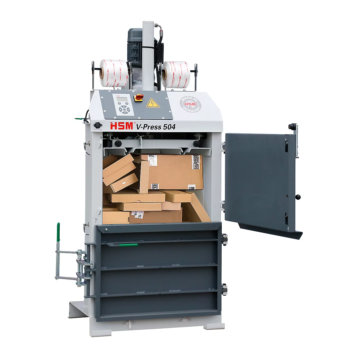Presse à balles HSM V-Press 504, 2 cerclages verticaux pour balles jusqu'à 60 kg, convient au chariot de déchargement de balles, force de compression 40 kN, fermeture à genouillère