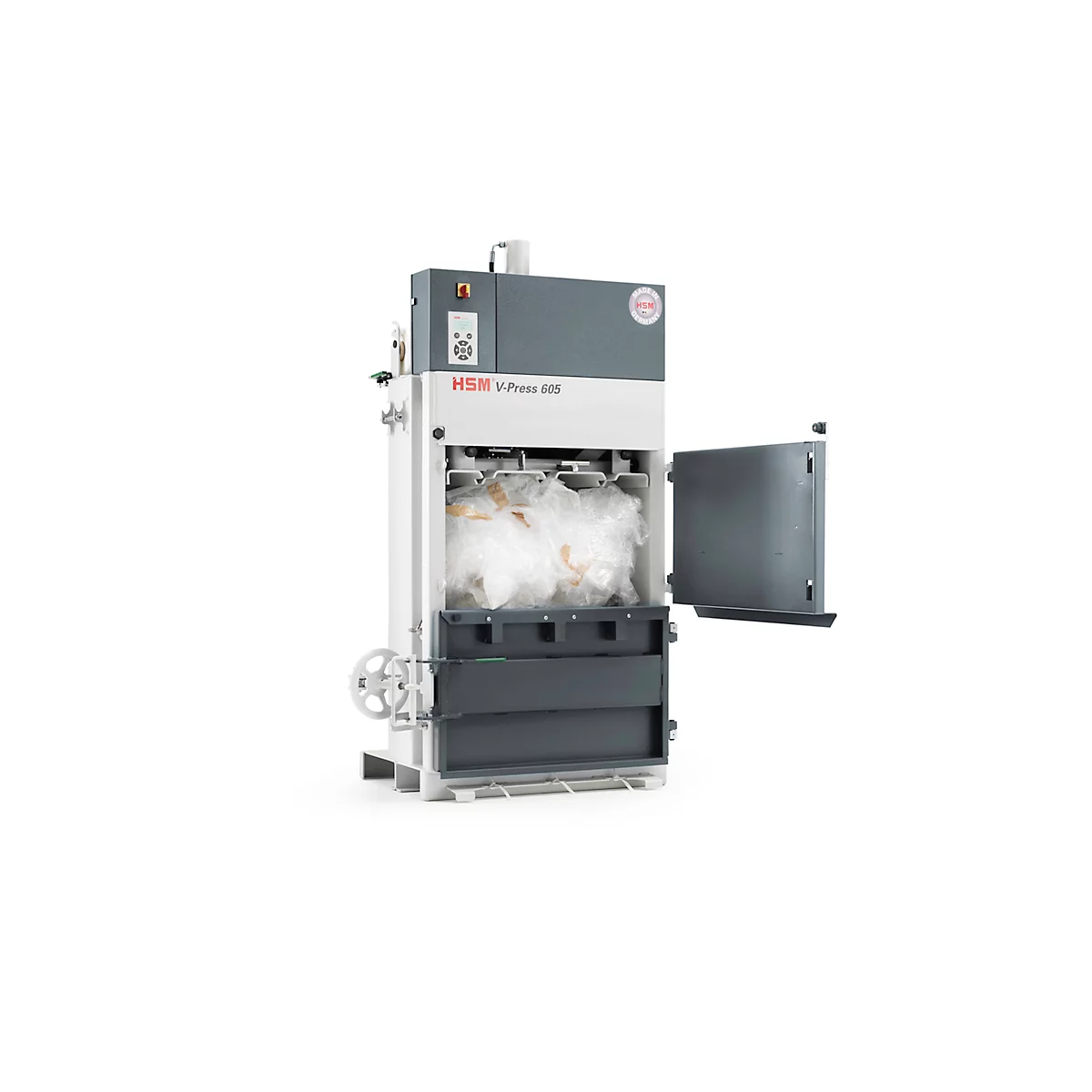 Presse à balles HSM V-Press 605 230V, 3 cerclages verticaux pour balles jusqu'à 70 kg, Force de compression 57 kN, TorsionControlSystem, Porte pivotante