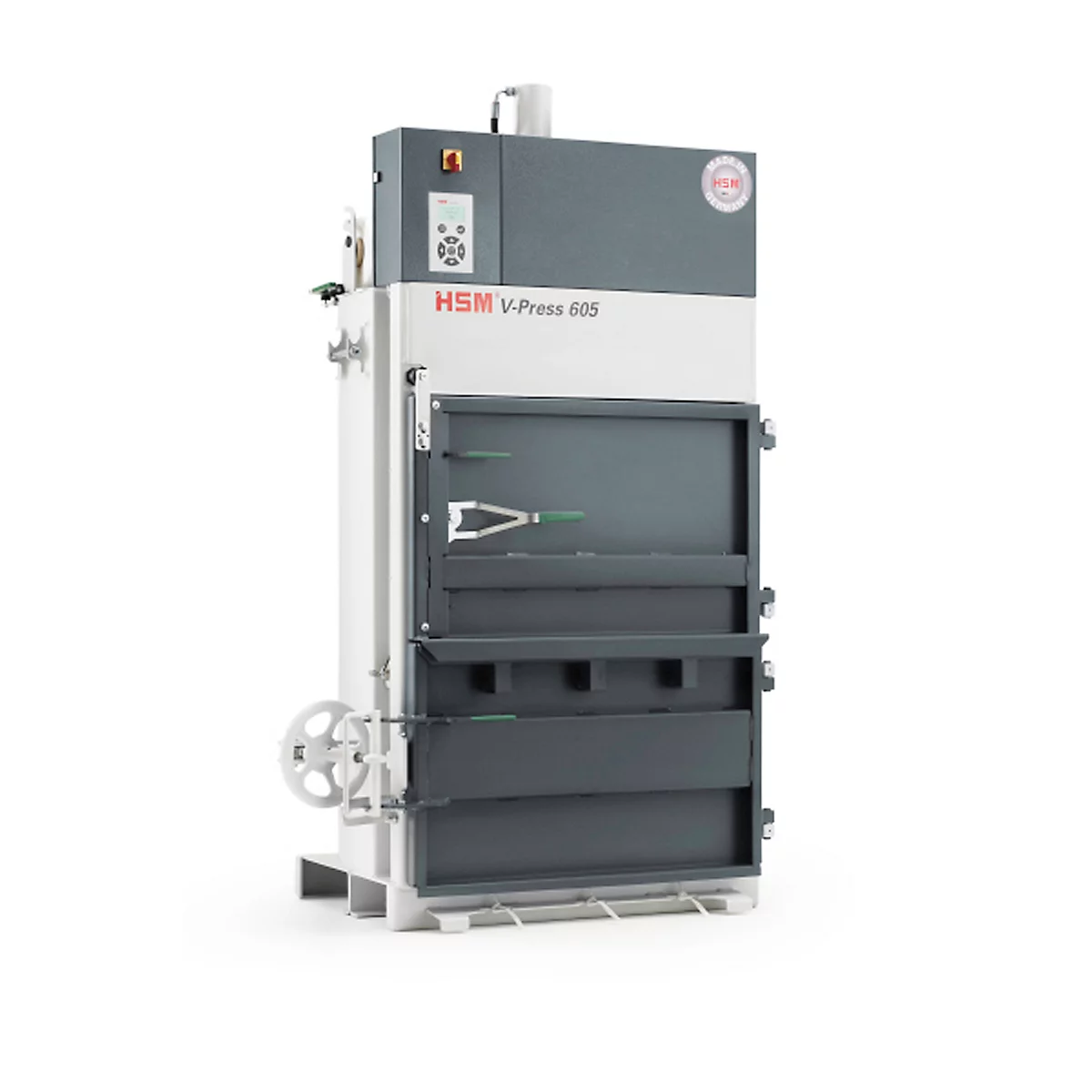 Presse à balles HSM V-Press 605 400 V, 3 cerclages verticaux pour balles jusqu'à 70 kg, Force de compression 57 kN, TorsionControlSystem, Porte pivotante