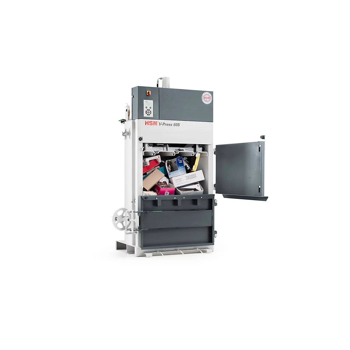 Presse à balles HSM V-Press 605 400 V, 3 cerclages verticaux pour balles jusqu'à 70 kg, Force de compression 57 kN, TorsionControlSystem, Porte pivotante