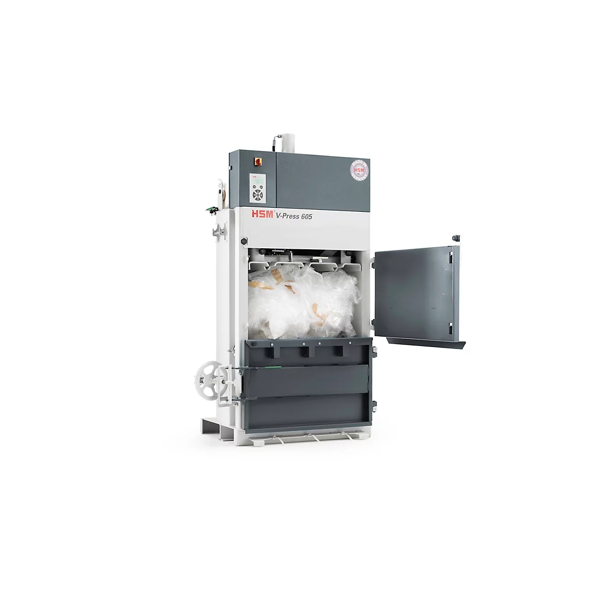 Presse à balles HSM V-Press 605 400 V, 3 cerclages verticaux pour balles jusqu'à 70 kg, Force de compression 57 kN, TorsionControlSystem, Porte pivotante
