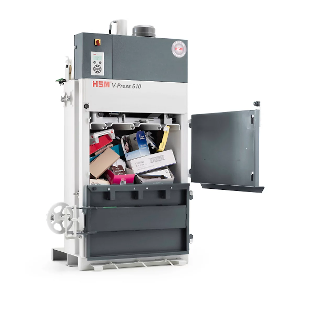 Presse à balles HSM V-Press 610, 3 cerclages verticaux pour balles de 100 kg maxi, Force de compression 120 kN, TorsionControlSystem, Porte pivotante