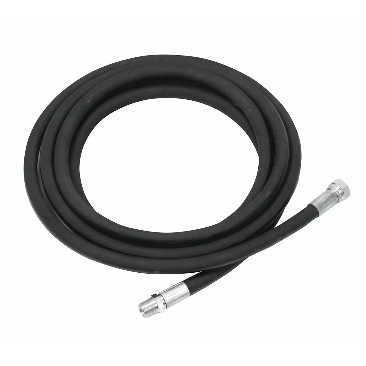 Black hydraulic hose with metal connectors, on a white background.