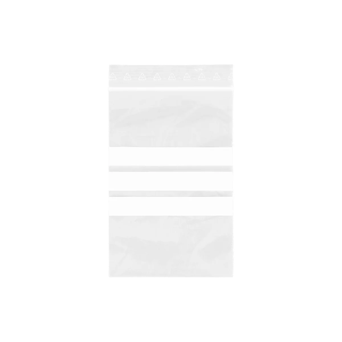 Transparent empty plastic bag with zip closure and white stripes.