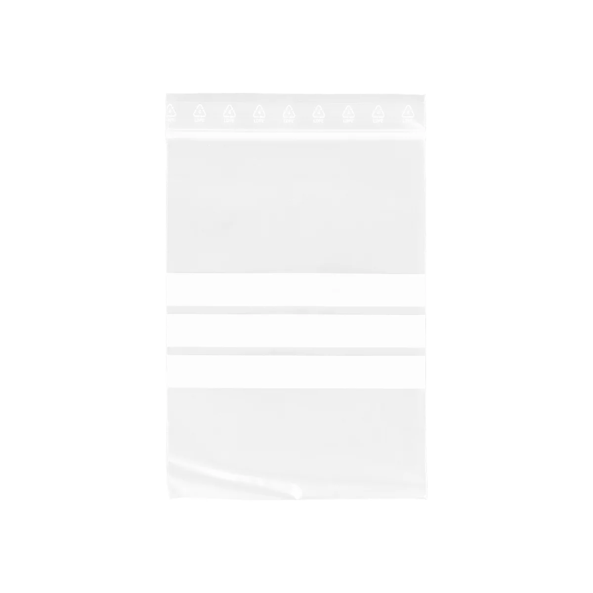 Transparent document sleeve with plastic closure and recycling symbols.