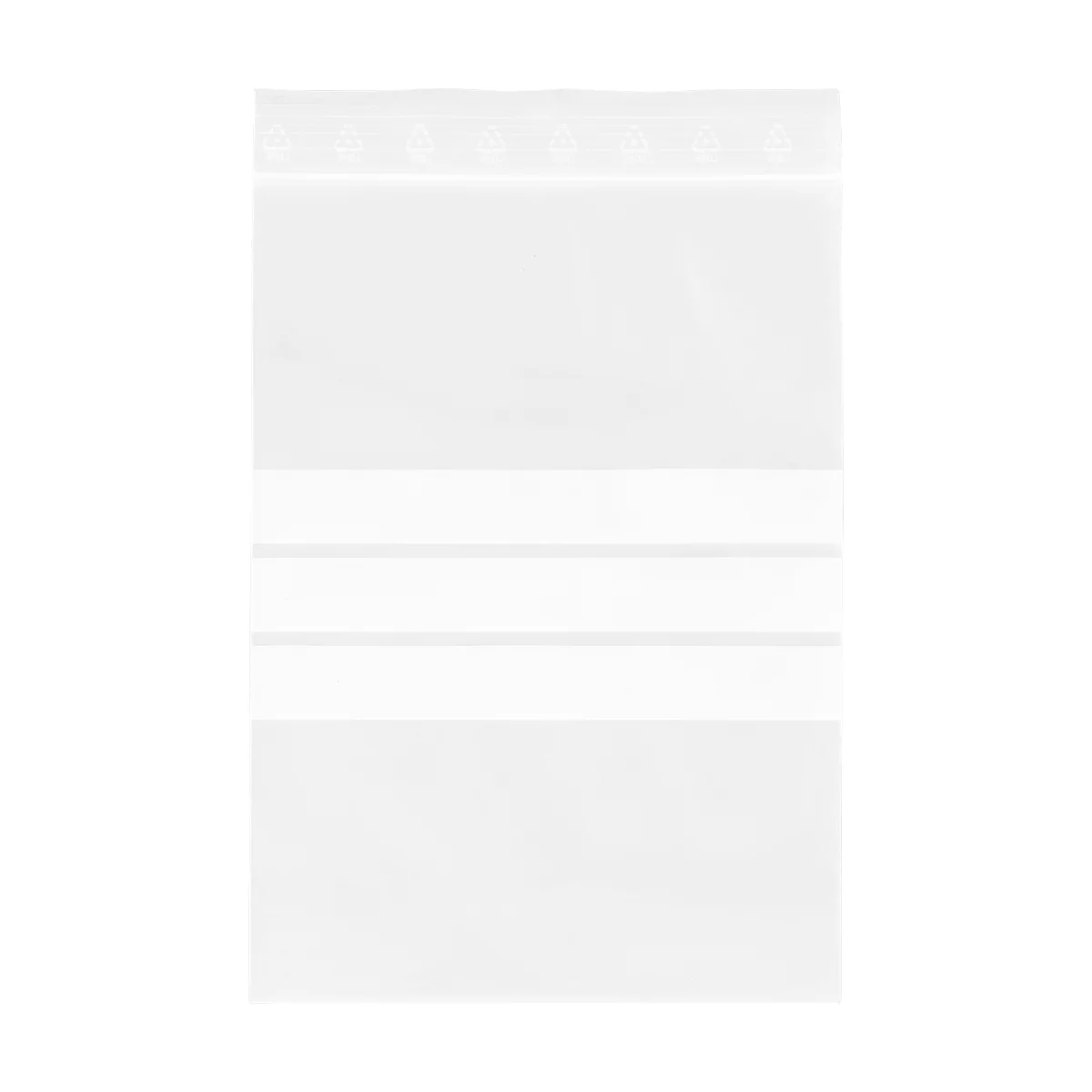 Transparent bag with white horizontal stripes. A row of small triangles can be seen at the top edge.