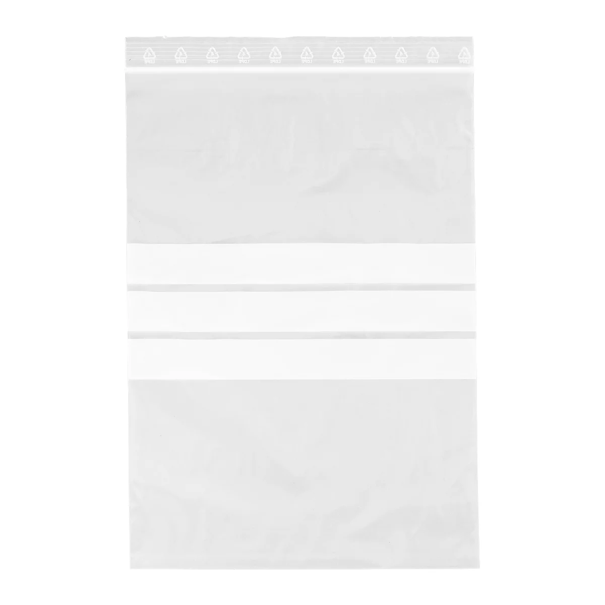 Transparent plastic bag with white mid-line and a row of small triangles at the top.
