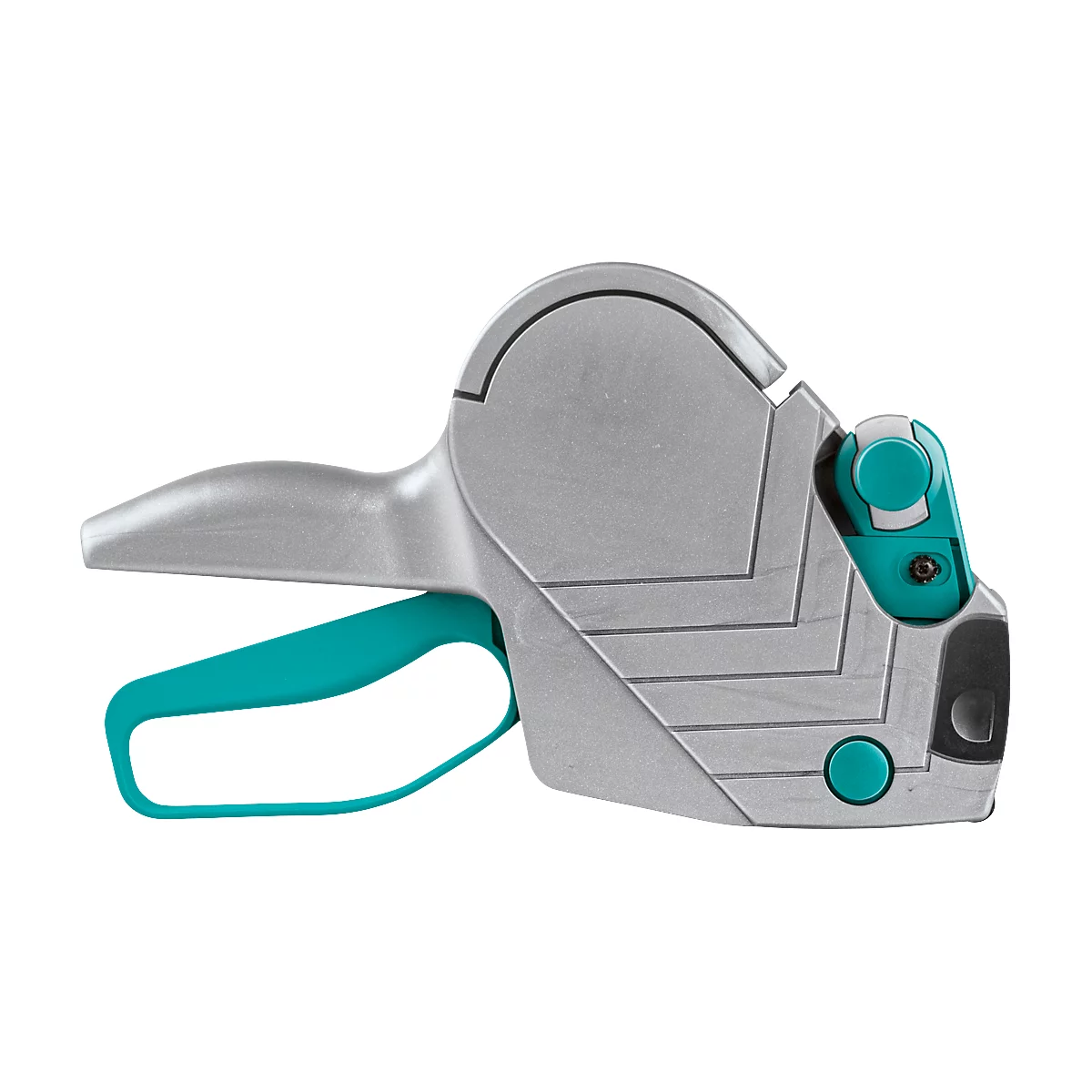 Grijze en turquoise embossing tang. Een hendel en trekker zijn turquoise.