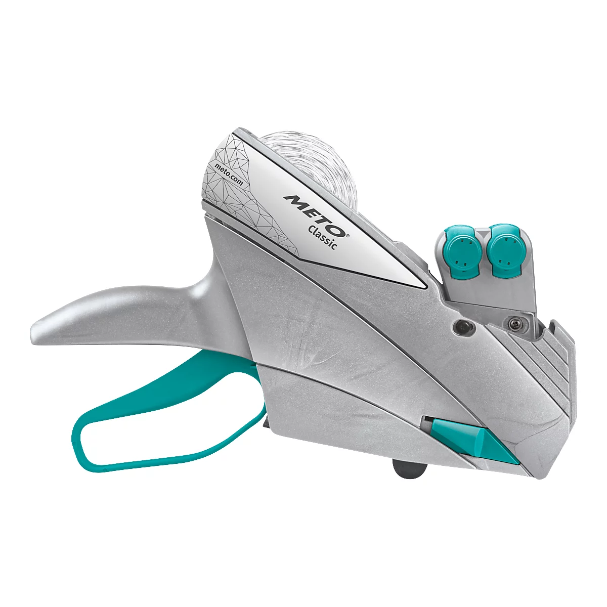 Grijze METO Classic labelmaker met turquoise handvat en accenten.