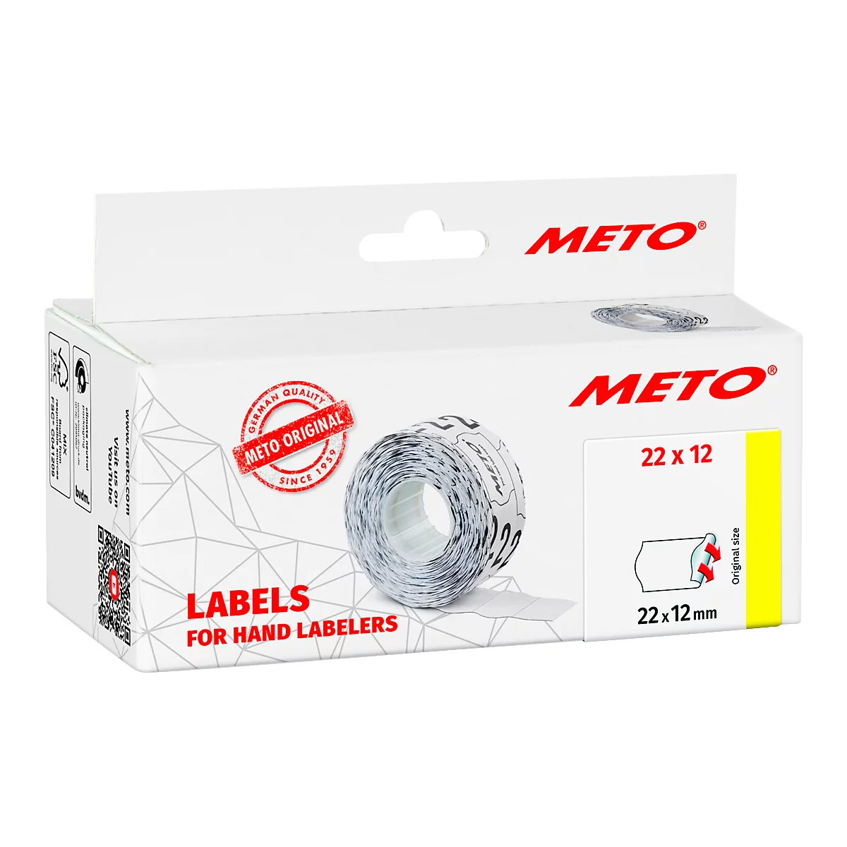 Een witte doos met rollen etiketten. Afgedrukt zijn logo's, waaronder "METO ORIGINAL", labelgrootte en de tekst "LABELS FOR HAND LABELERS".