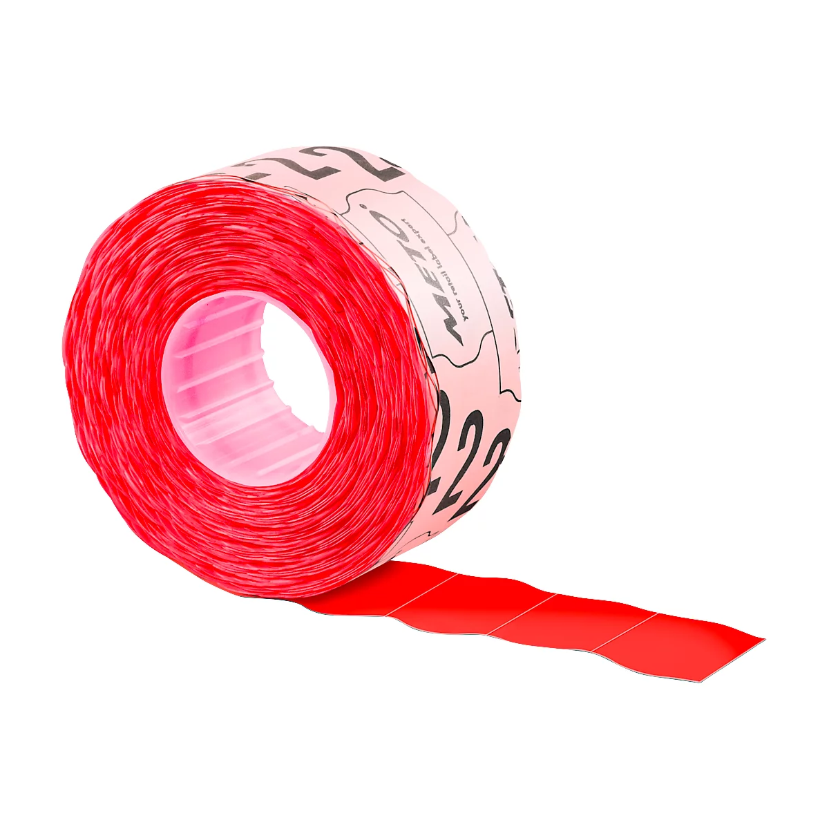 Rol rode etikettentape, gedeeltelijk afgerold, met zwarte cijfers en tekst. Merk "METO" zichtbaar.