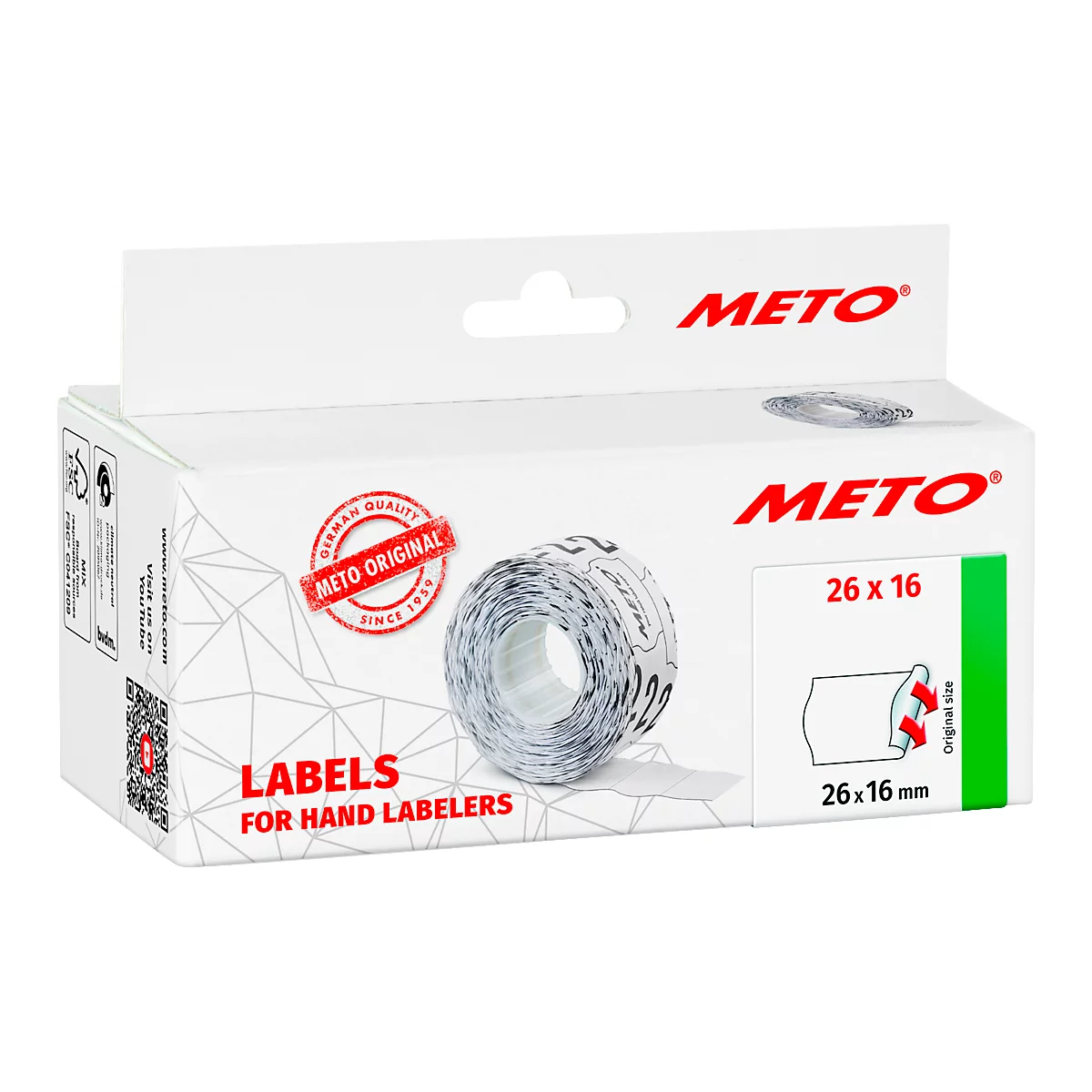 Witte METO-etiketten in een doos. Rol etiketten in de doos. Label leest: Labels for Hand Labelers.