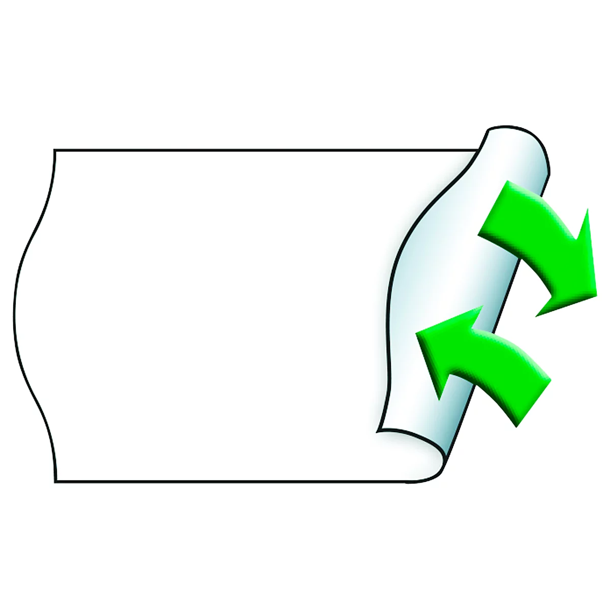 Vel papier dat oprolt, groene pijlen die de richting symboliseren. De rand is lichtblauw gearceerd.