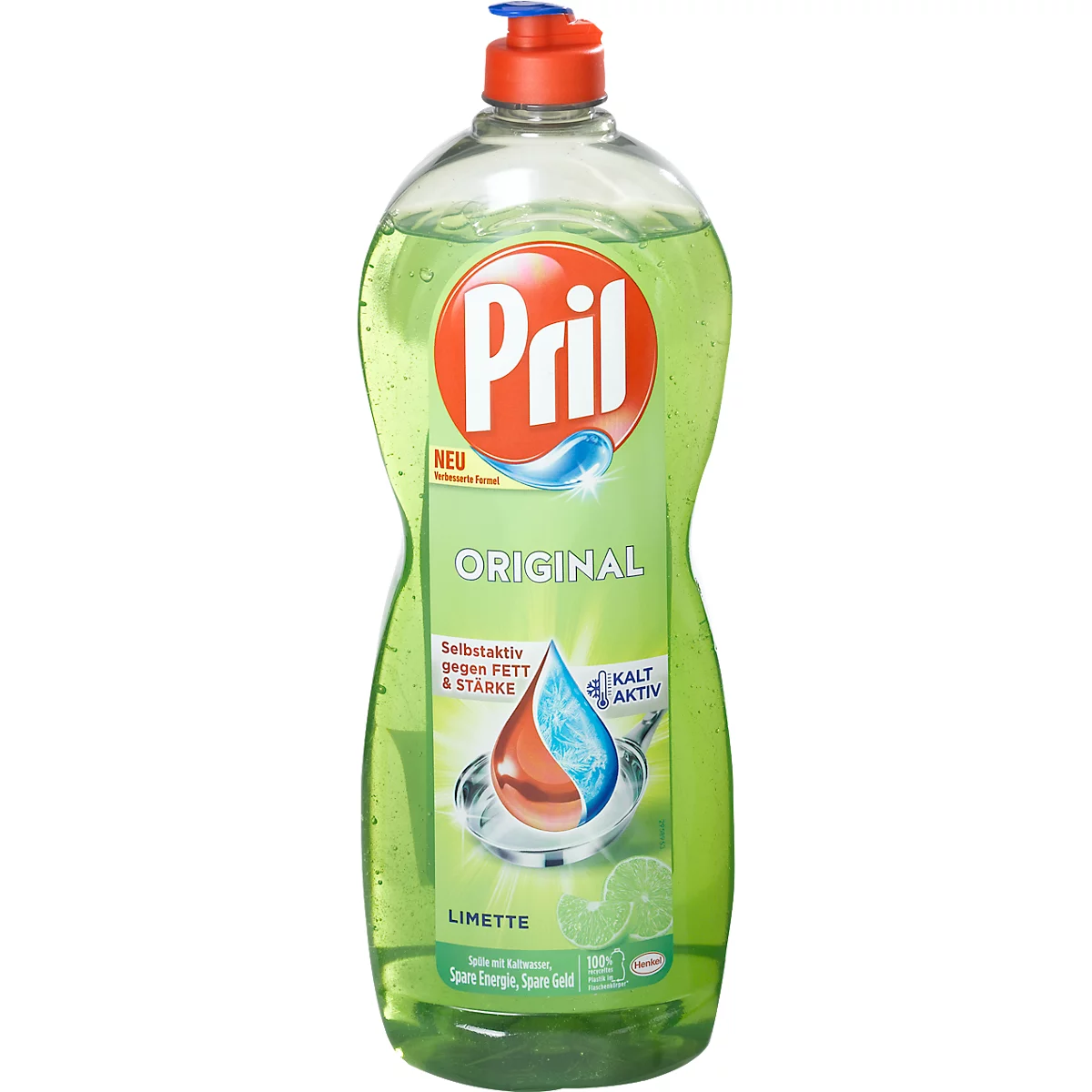 A green Pril Original lime dish soap bottle. It says "NEW", "Self-strength against fat & starch". A red lid with a blue button.