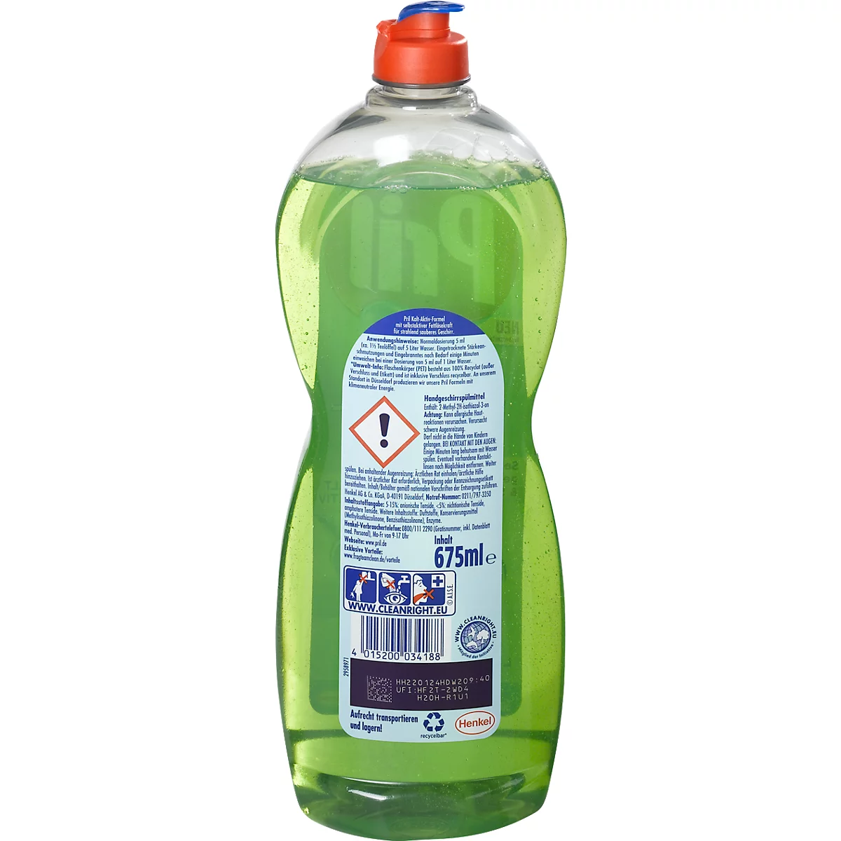 Green dish soap bottle. Stickers with warning symbols and text. Content: 675 ml.
