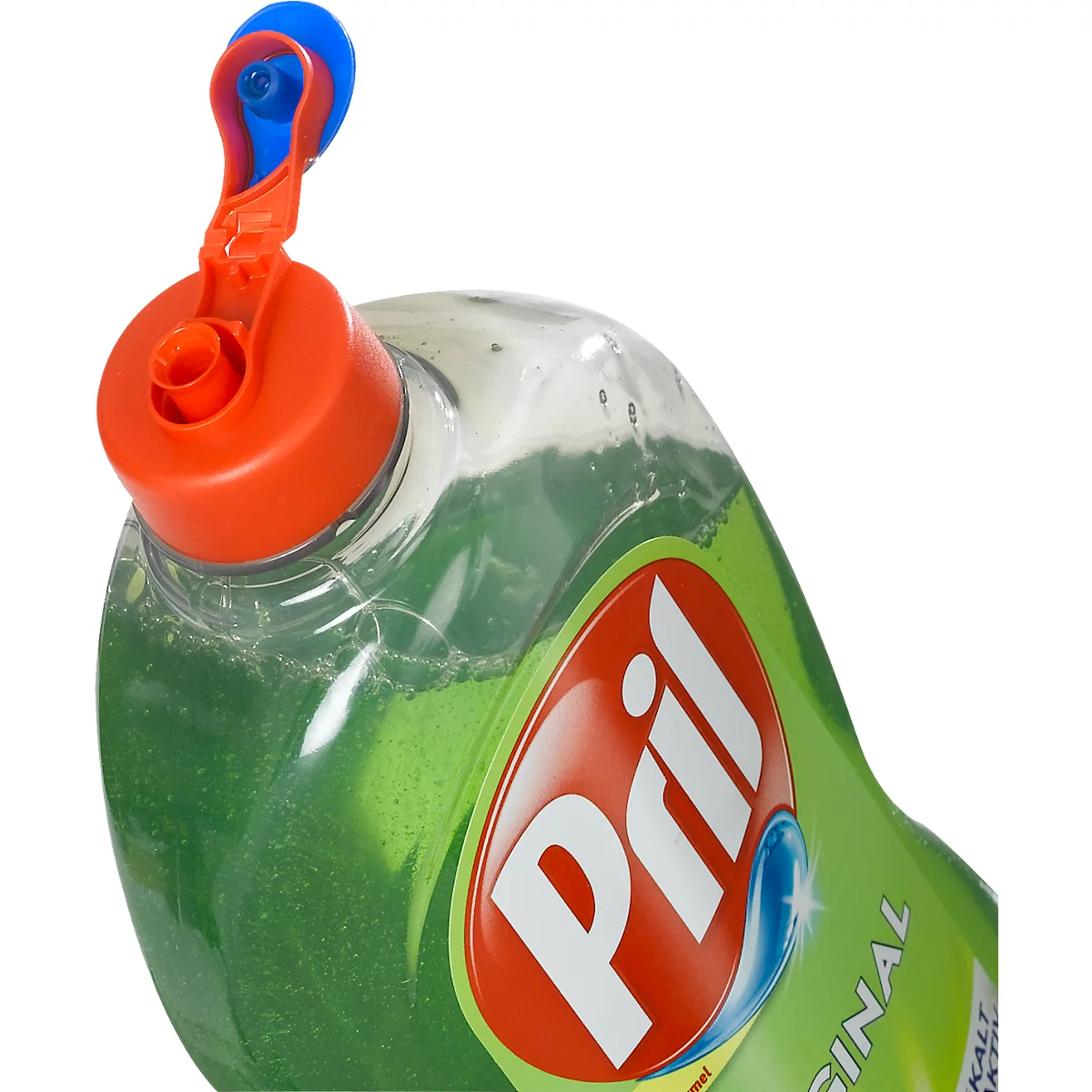 Close-up of a Pril dish soap bottle with a red lid and blue closure. The word Pril Original is visible.