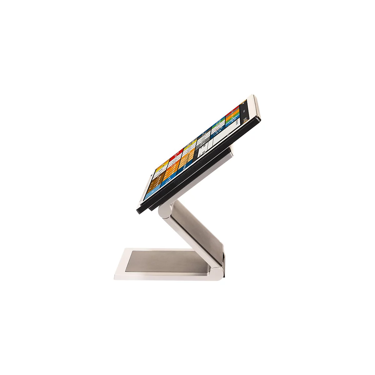 Tablette sur un support blanc, l'écran affiche des icônes d'applications. Le support a une forme de Z.