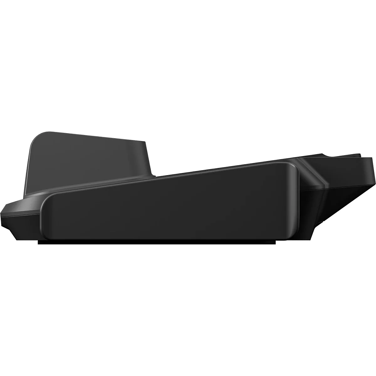 Vue latérale d'un composant en plastique noir avec des zones en relief. Une représentation claire et précise de la forme et de la structure.