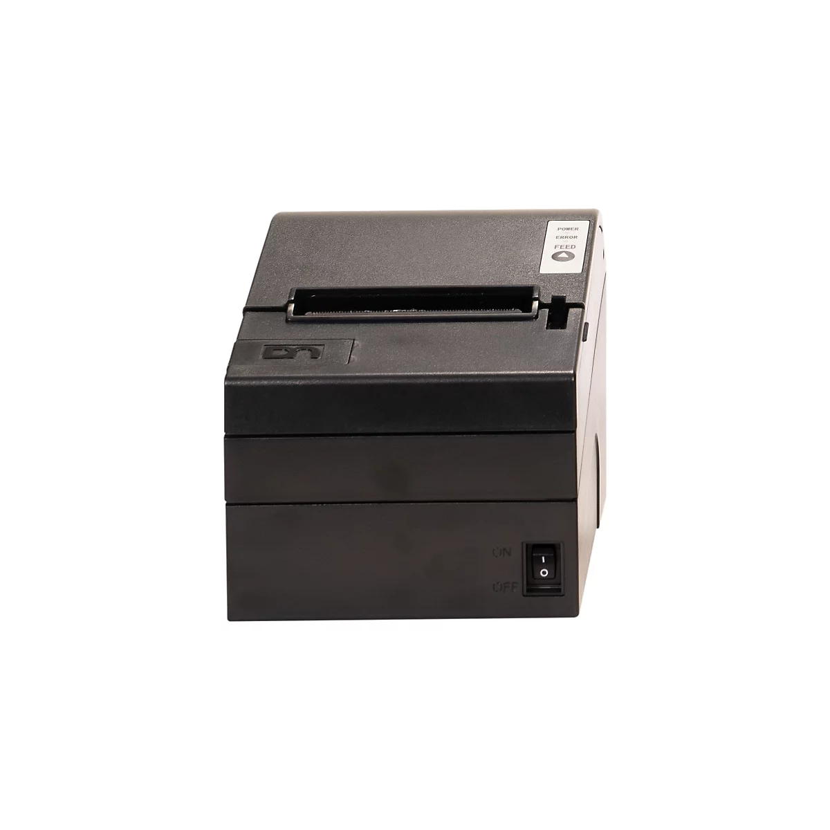 Schwarzes Touchscreen-Terminal mit Standfuß, vor weißem Hintergrund. Das Display ist ausgeschaltet. Logo am Rahmen.