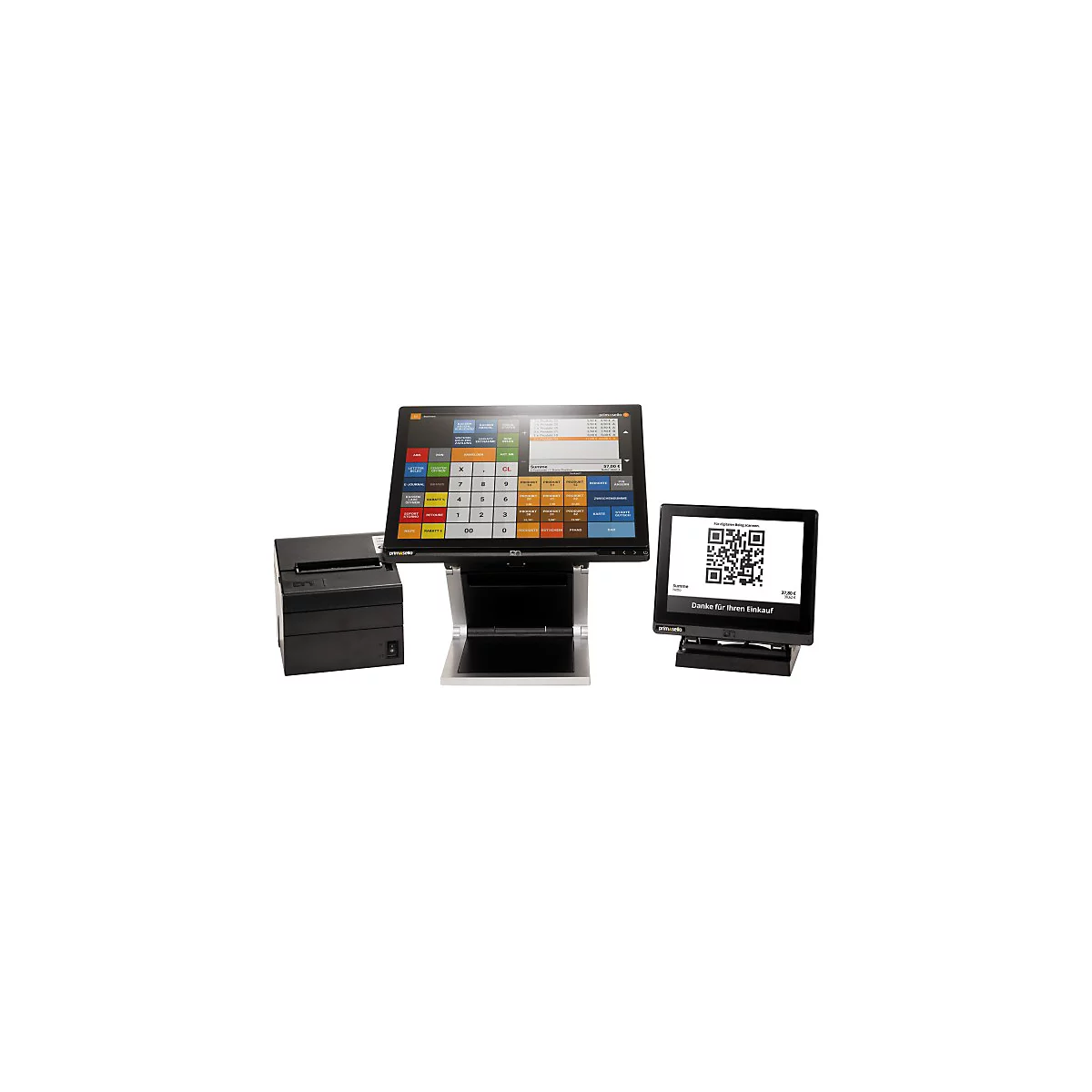 Ein schwarzes Tablet ist in einer Halterung mit silbernen und schwarzen Elementen platziert. Der Hintergrund ist weiß.