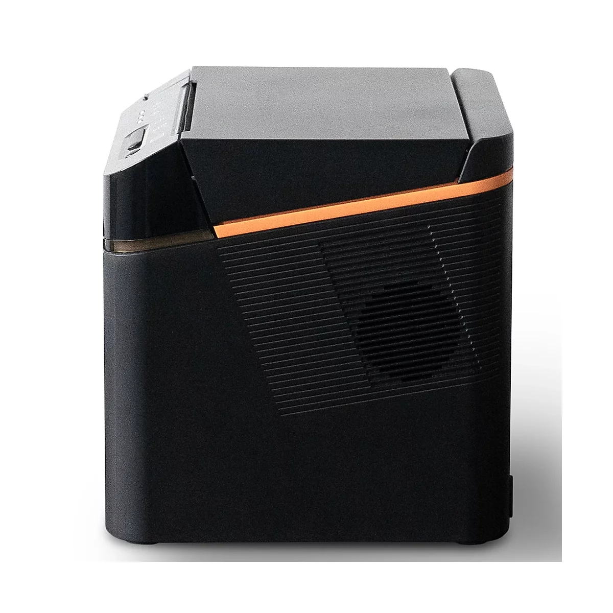 Schwarzes, rechteckiges Gerät mit orangefarbener Linie. Oberseite grau, Seitenteil mit schrägen Rillen. Auf der Oberseite Knöpfe.