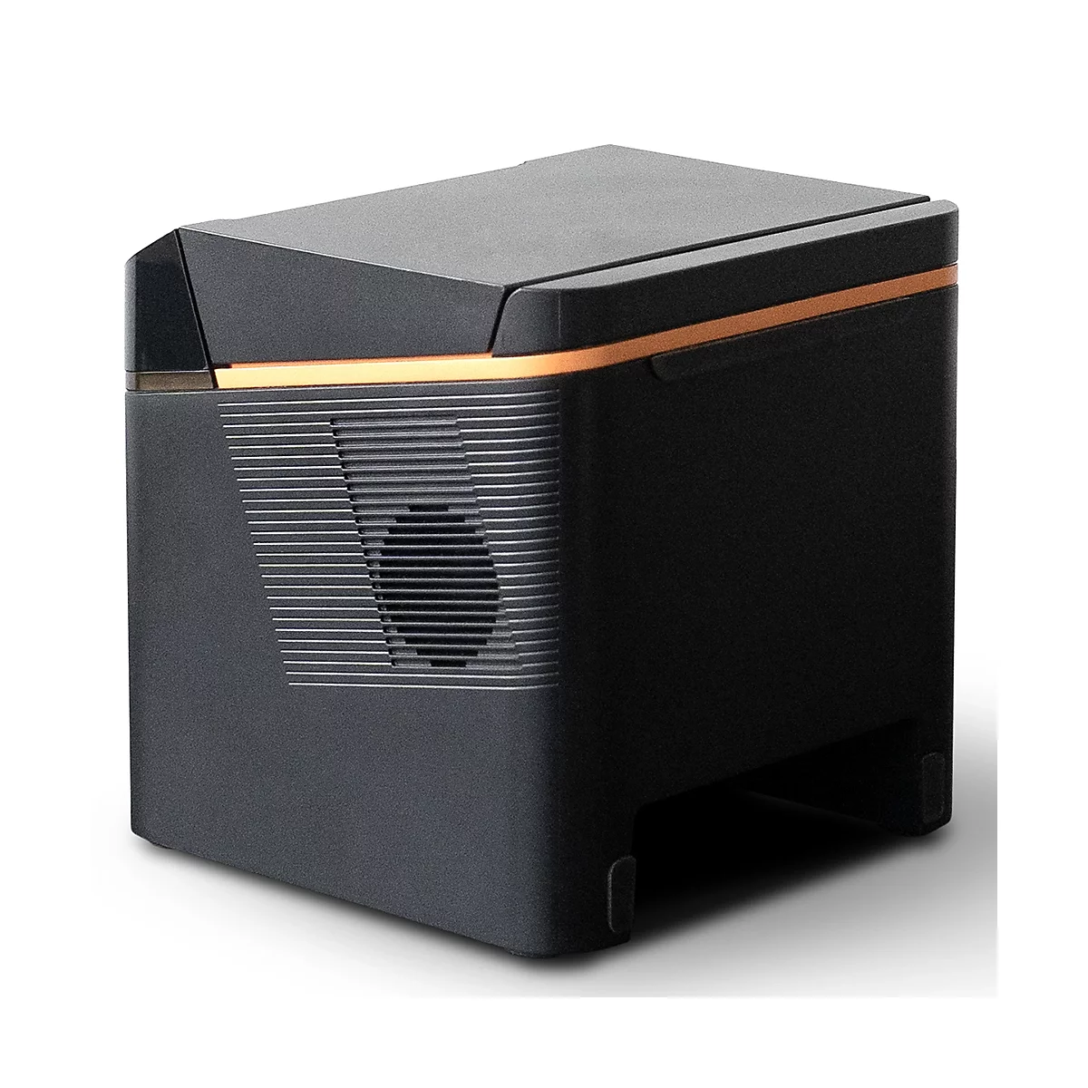 Schwarzer, quaderförmiger Gerät, mit kupferfarbenem Akzent. Seitlich Lüftungsschlitze und runde Öffnung.