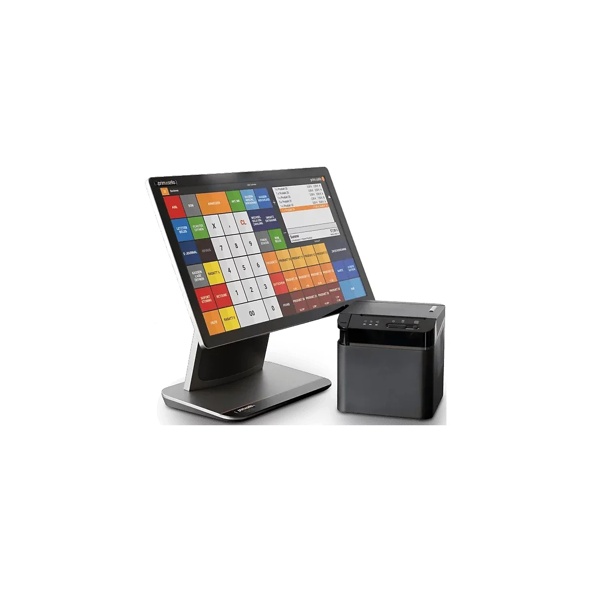 Ein Touchscreen-Kassensystem mit Drucker. Auf dem Bildschirm sind farbige Felder und Zahlen zu sehen.