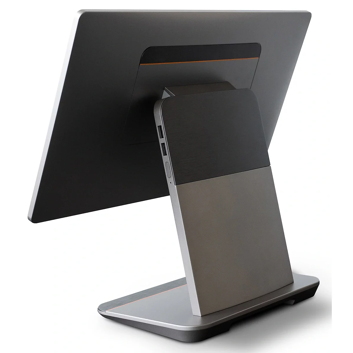 Rückansicht eines silber-schwarzen Touchscreens, auf einem Podest stehend. Kabel und Anschlüsse seitlich.