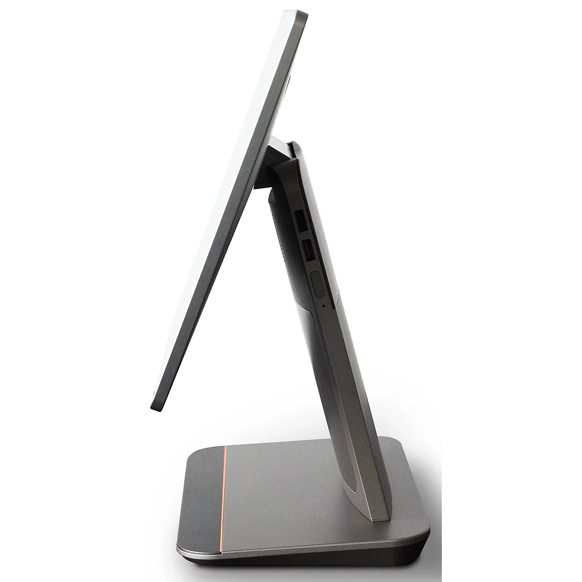 Seitenansicht eines schlanken Monitors, grau mit einem feinen roten Streifen auf dem Standfuß.