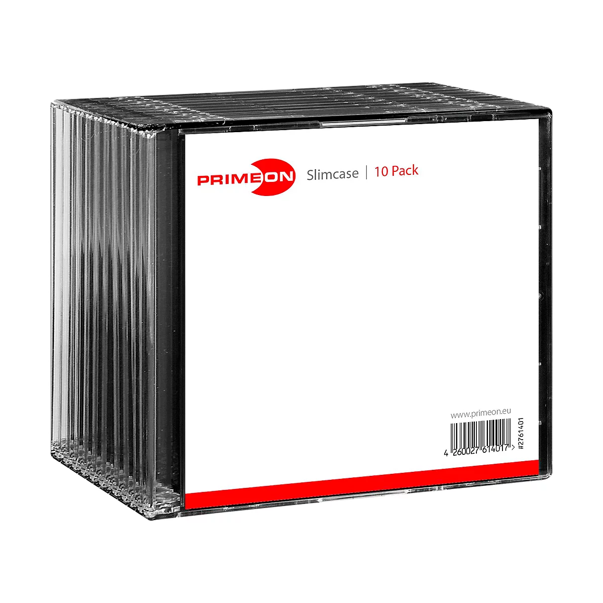 Clear slim case for 10 CDs. White paper: logo, product name and barcode.