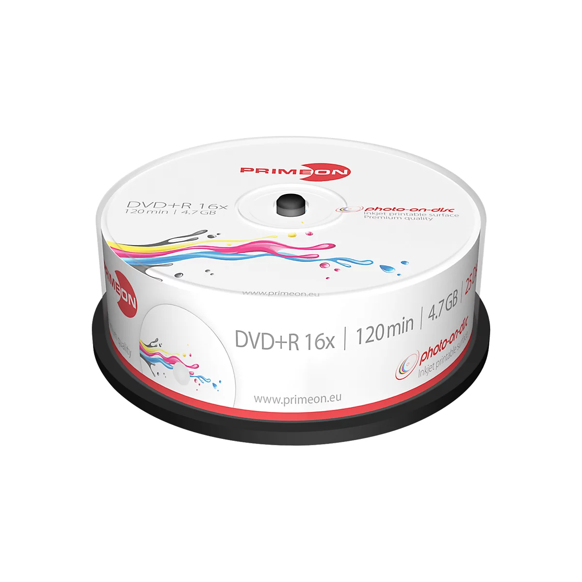 A pack of DVD+R discs. The package is white with lettering and splashes of color.