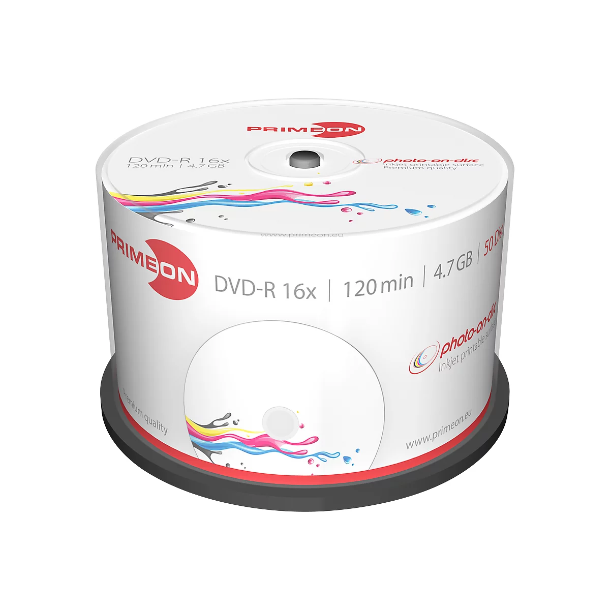 A pack of DVD blanks. White cylindrical packaging with red logo. Inscription: DVD-R 16x, 120 min, 4.7GB. Black holder.