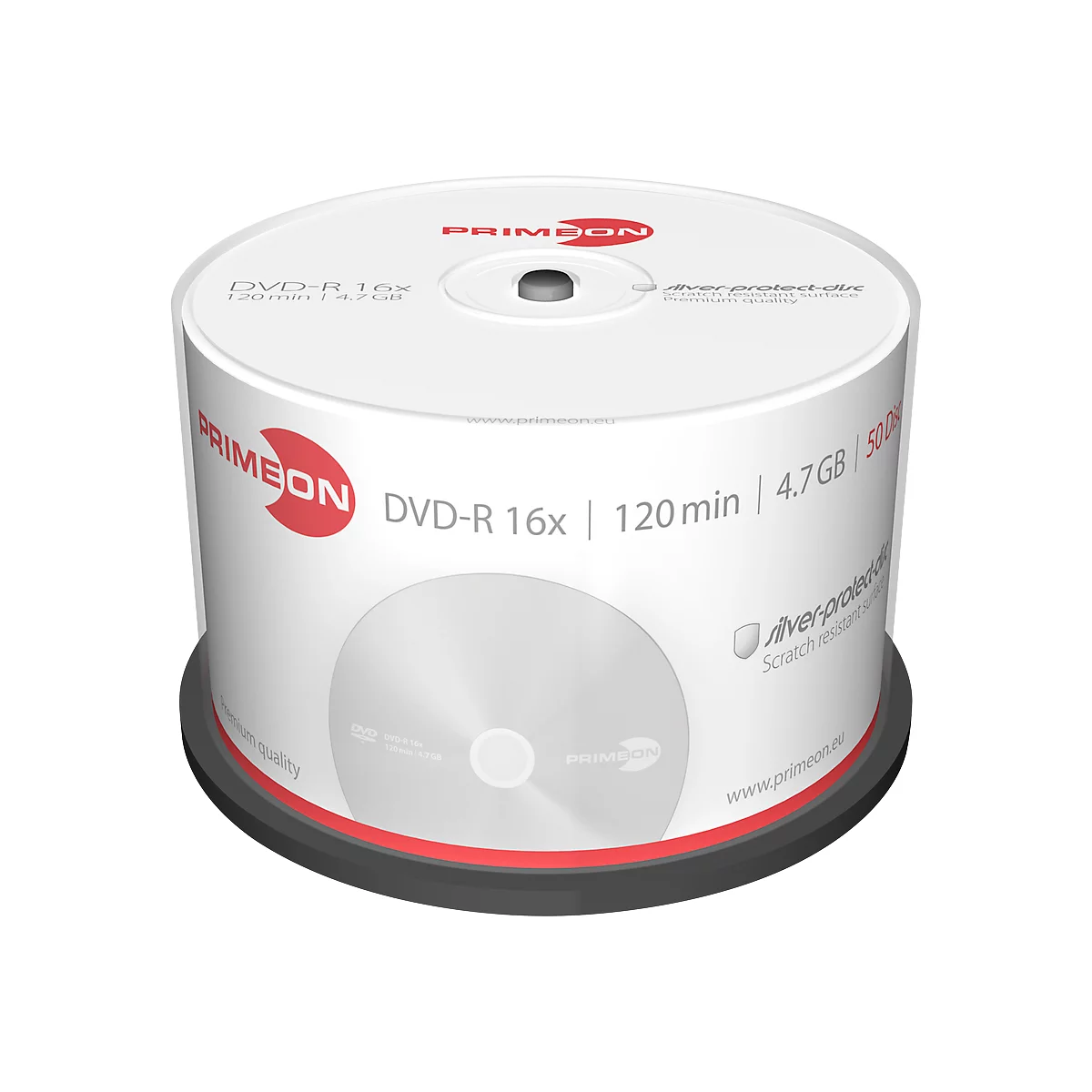A pack of DVD-Rs. On a white background, a cylindrical pack with the "PRIMEON" logo and texts like "DVD-R 16x" is visible.