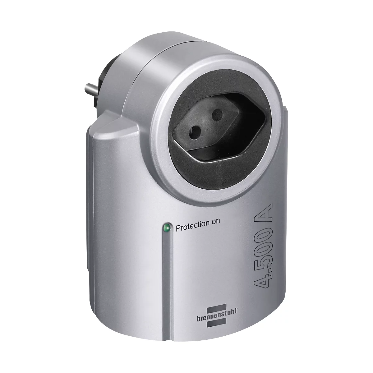 Silver socket adapter with black slot and green indicator. Inscription: 'Protection on' and '4.500 A'.