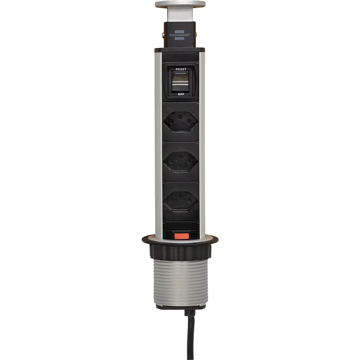 Un bloc multiprise sur colonne avec trois prises, un port USB et un interrupteur.