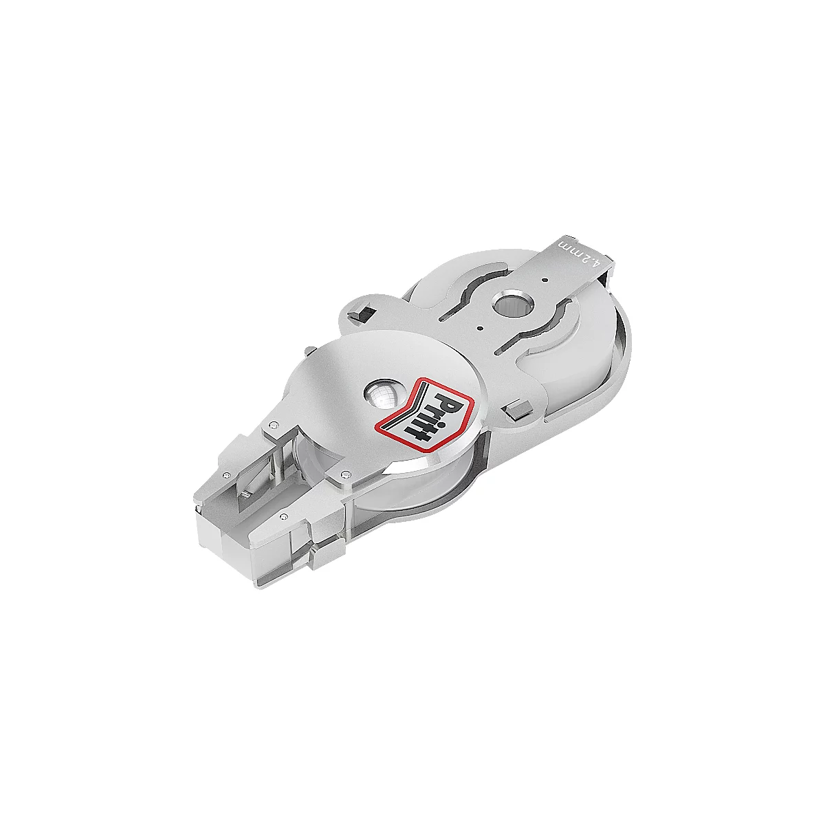 A silver and white Pritt glue stick dispenser. The Pritt logo in red and white is visible on the device.