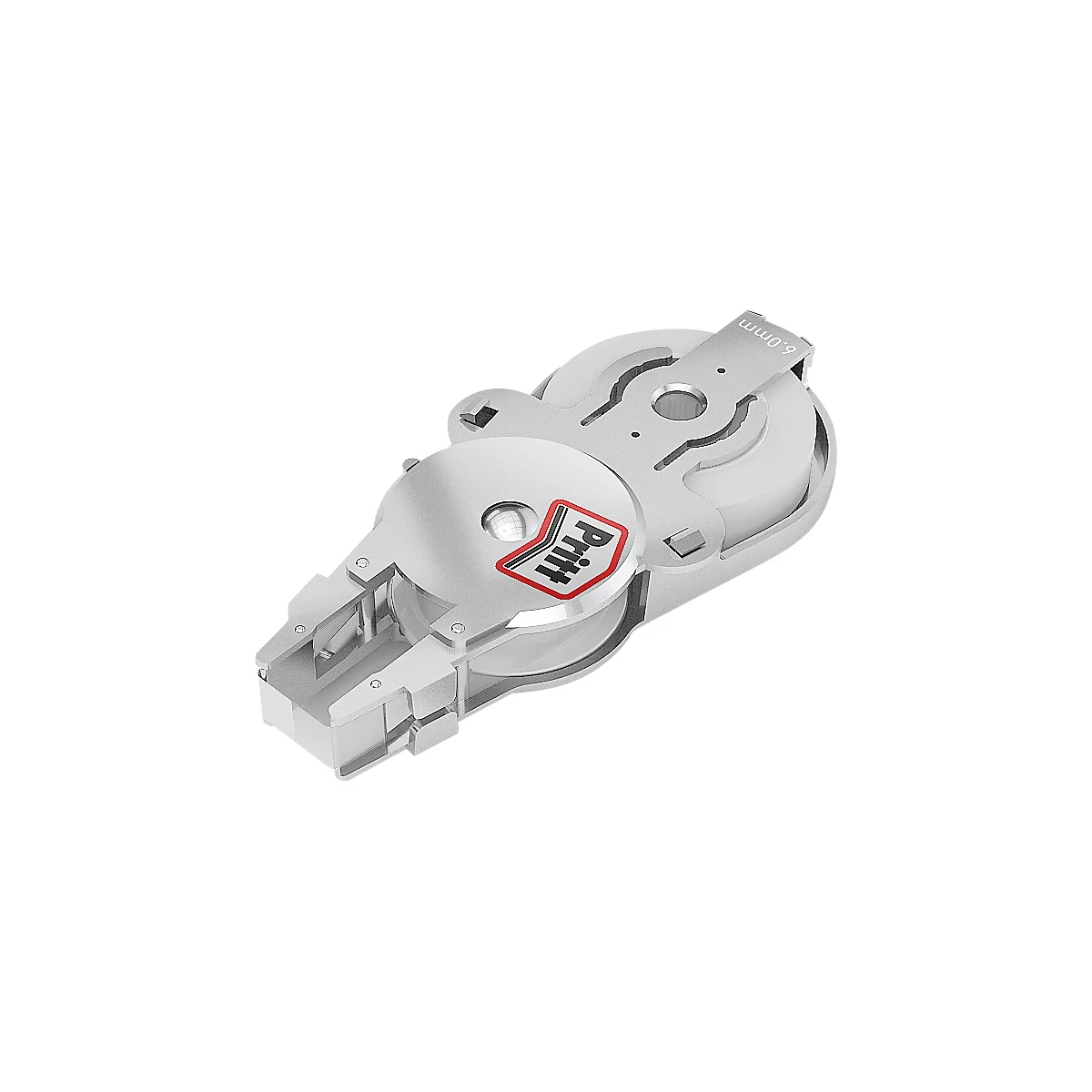 Close-up of a gray Pritt tape; red logo.