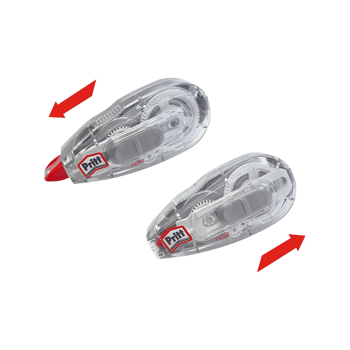 Two transparent Pritt correction rollers with red arrows. One shows how it is used.