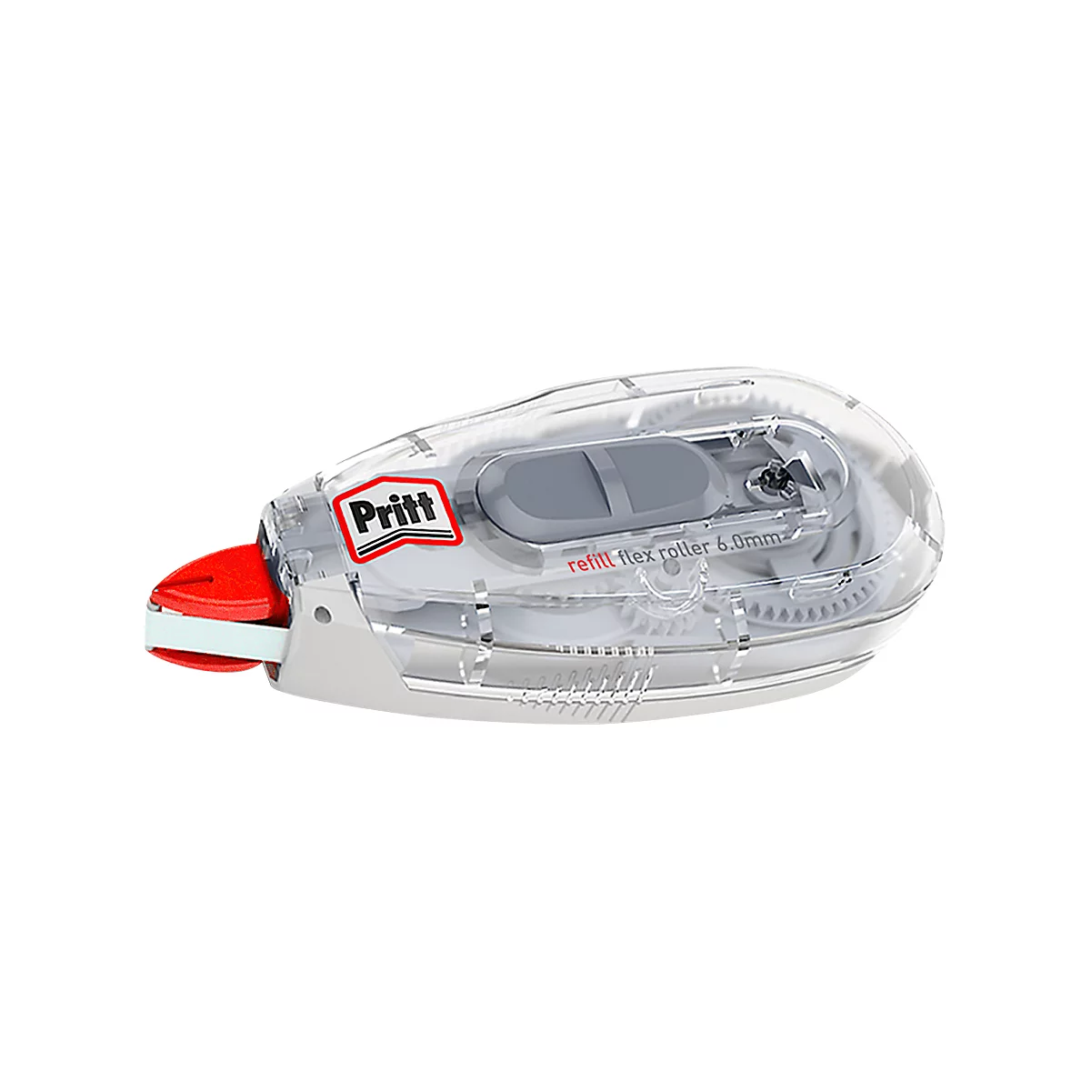 A transparent Pritt flex roller 6mm correction roller. Red applicator, grey button, white correction tape.
