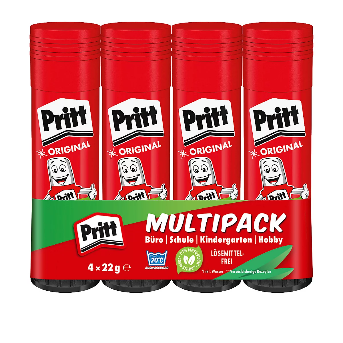Pack of four Pritt glue sticks, red with white logo. "MULTIPACK" and "solvent-free" are on the packaging.